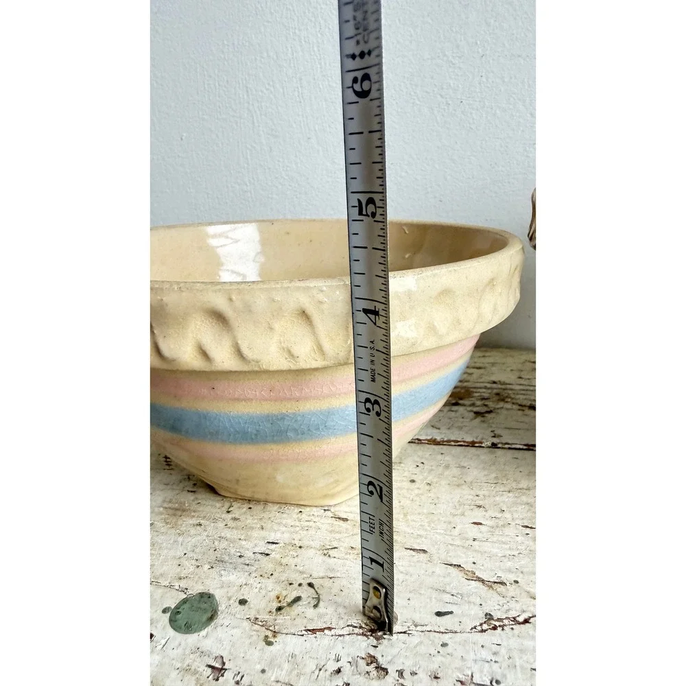 Vintage USA Yellowware Mixing Bowl Set Pastel Blue Pink Stripes 2pc